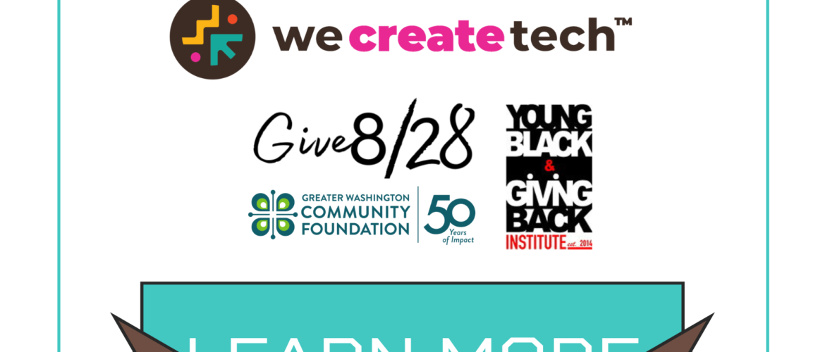 We Create Tech wins Micro Budget Golden Ticket during Give 8/28 event, featuring We Create Tech and Give 8/28 logos.